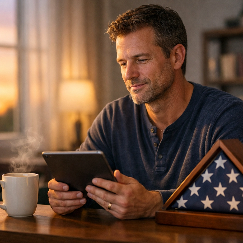 A professional man reading Dan Kost’s daily CEO letter on a tablet for morning reflection and civic pride.