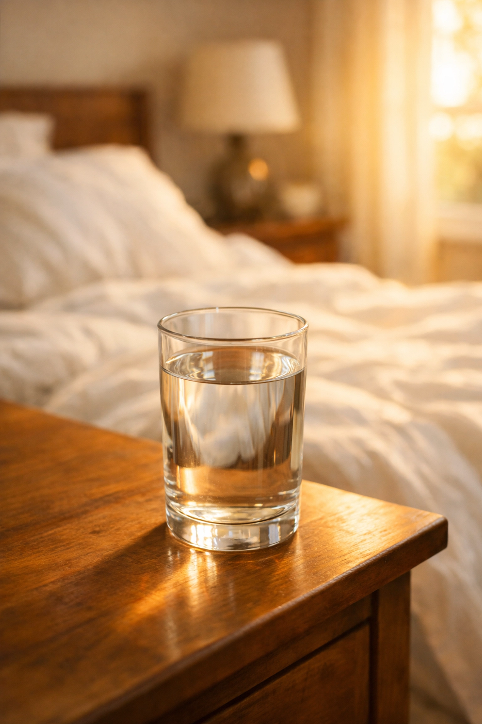 Glass of water on nightstand in morning sunlight for healthy hydration routine
