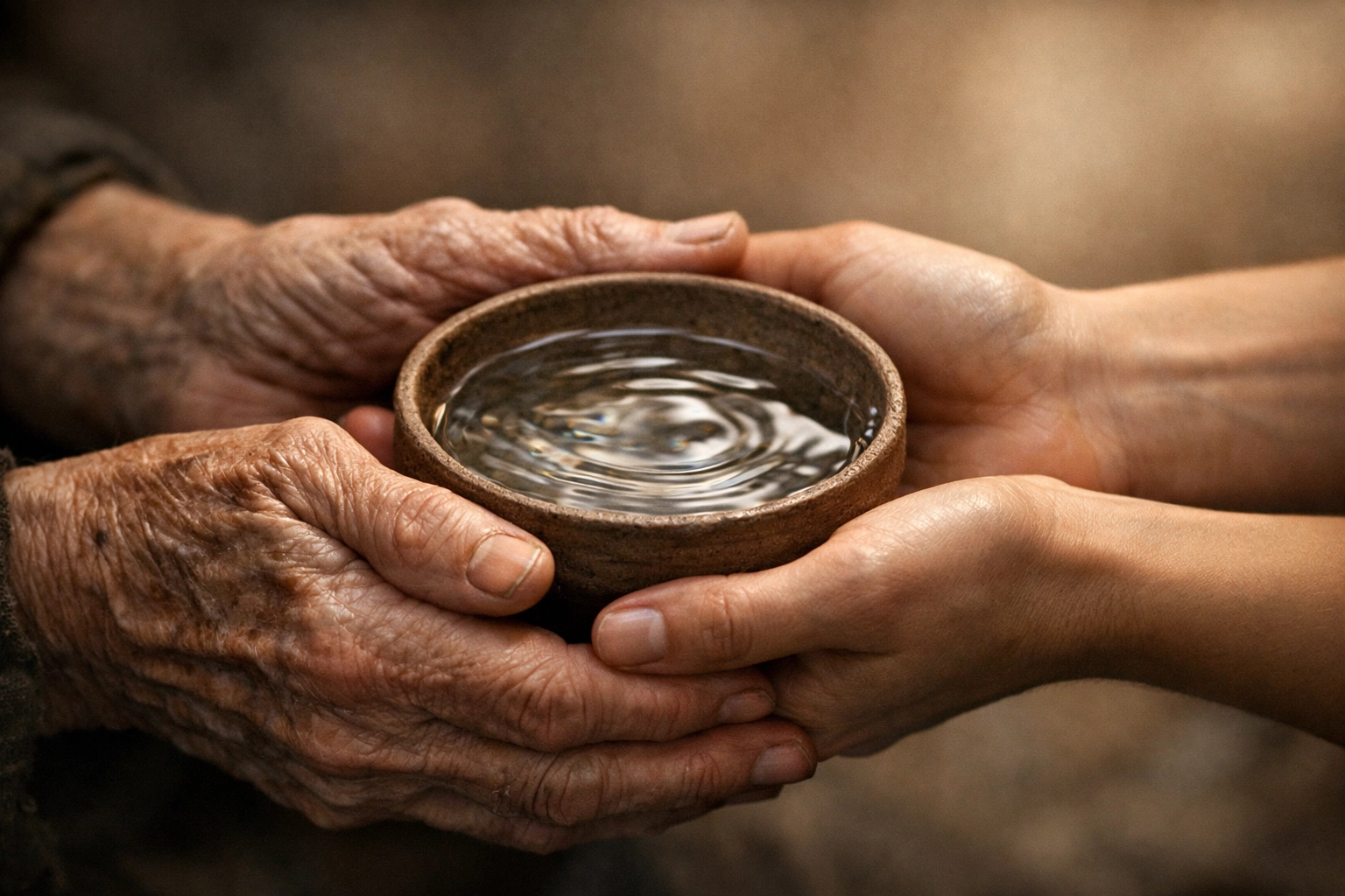 Compassionate hands holding a bowl of water, symbolizing relief efforts and Christian love during war.