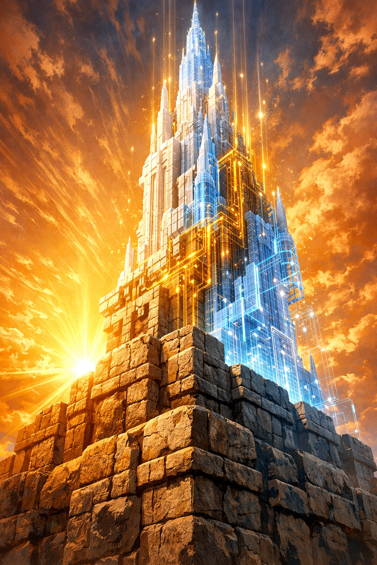 A futuristic tower on solid foundations representing scalable AI business legacy and legal protection.