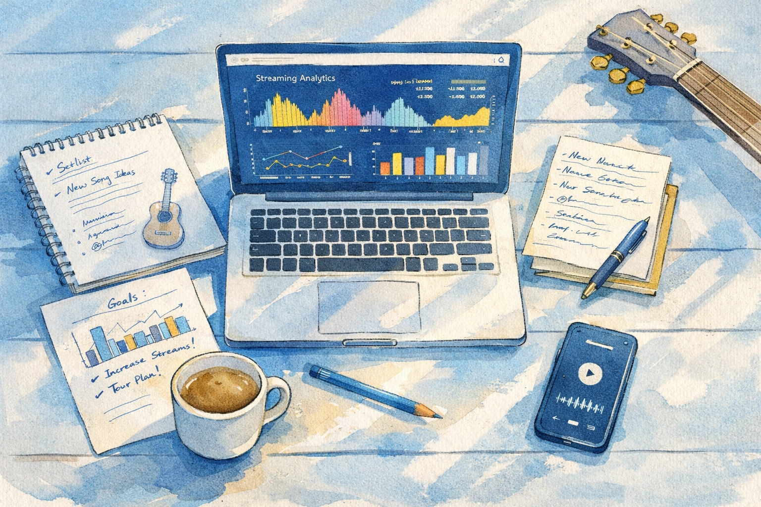 Indie artist reviewing music streaming analytics and distribution data on laptop