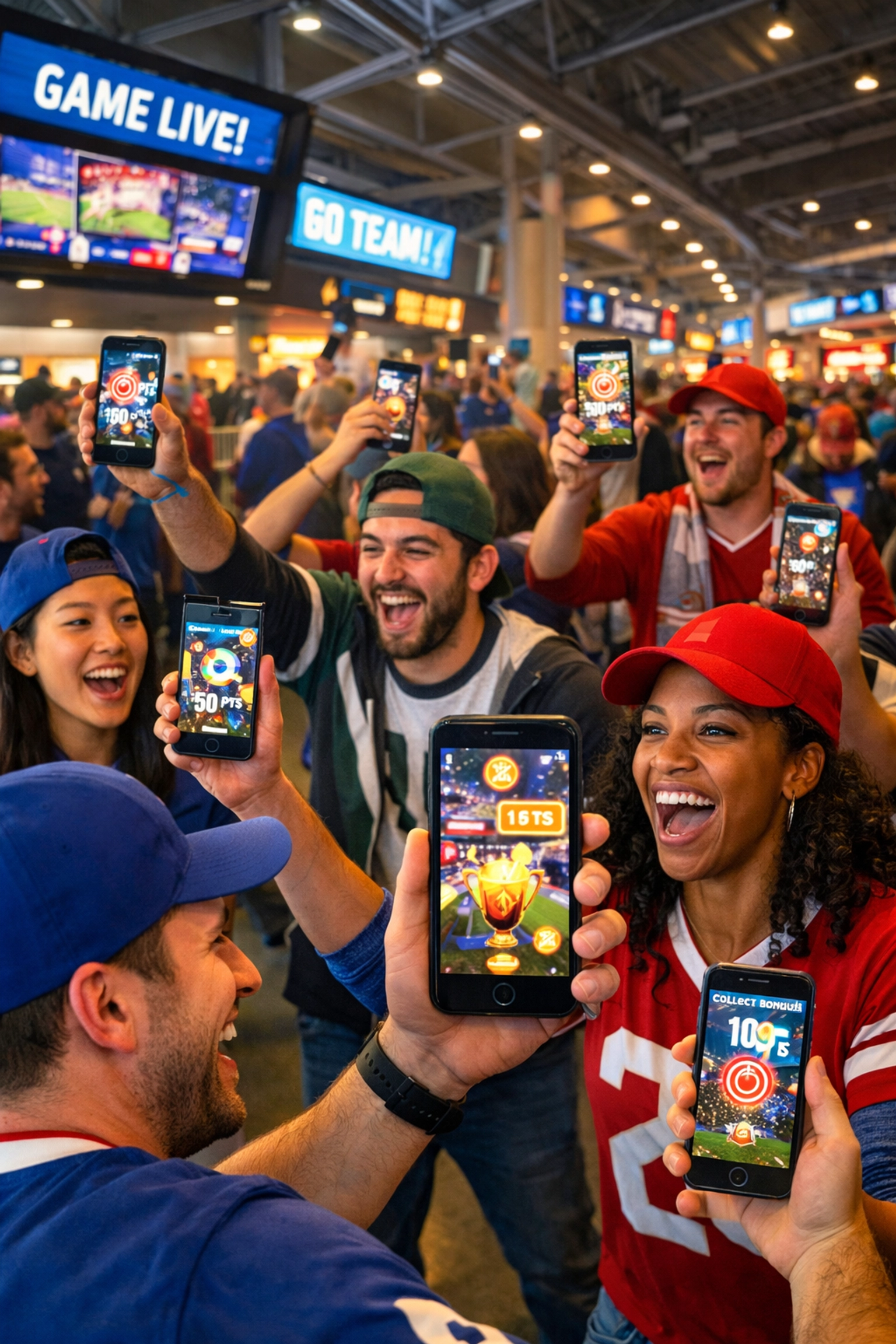 Sports fans engaged in mobile gamification experience at stadium concourse with interactive displays
