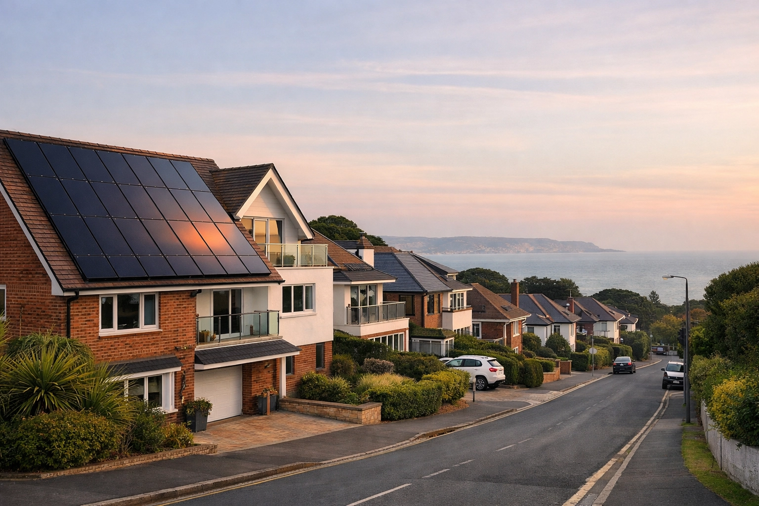 Residential solar panel array on a coastal house in Bournemouth, South England