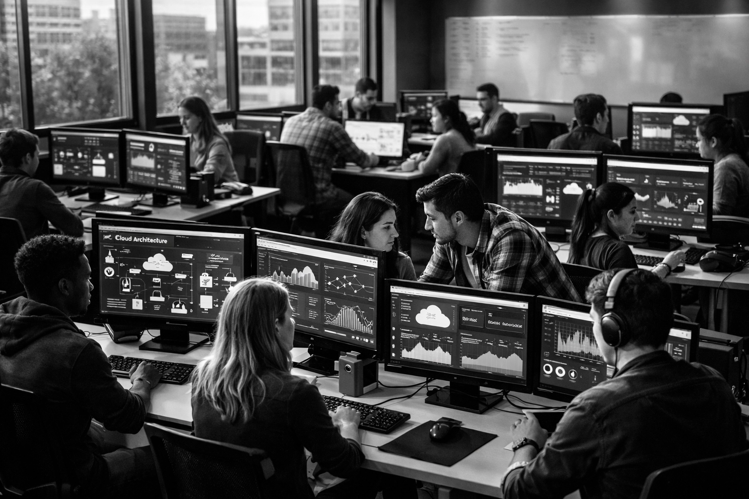 Modern cloud computing training facility with workstations for workforce development and AI skills education