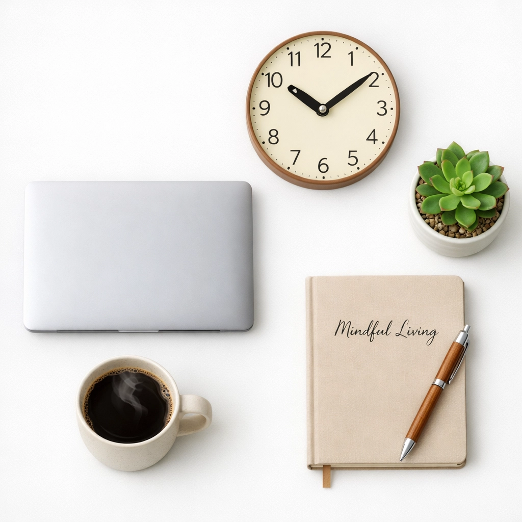 Organized desk with closed laptop, journal, and coffee representing intentional news consumption boundaries