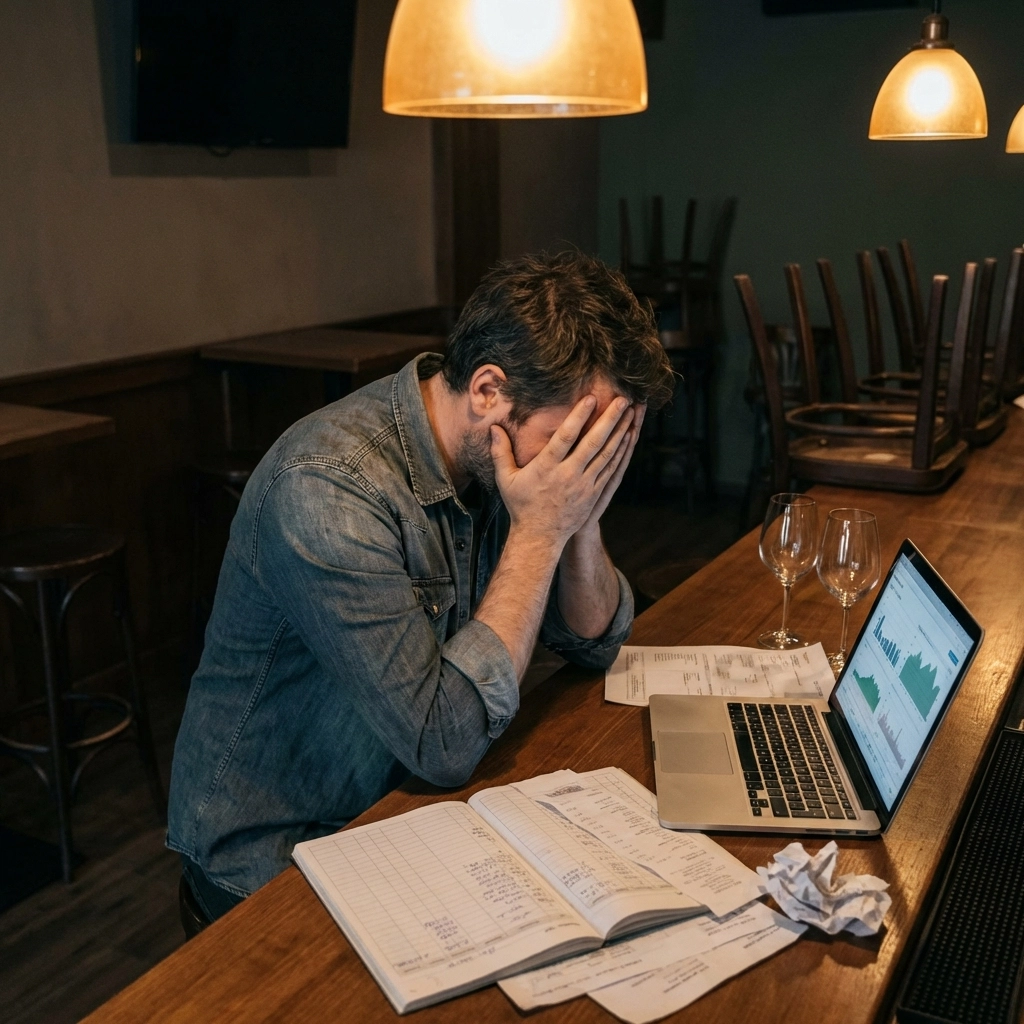 Restaurant owner looks exhausted at bar with paperwork, illustrating hospitality business challenges and time costs.