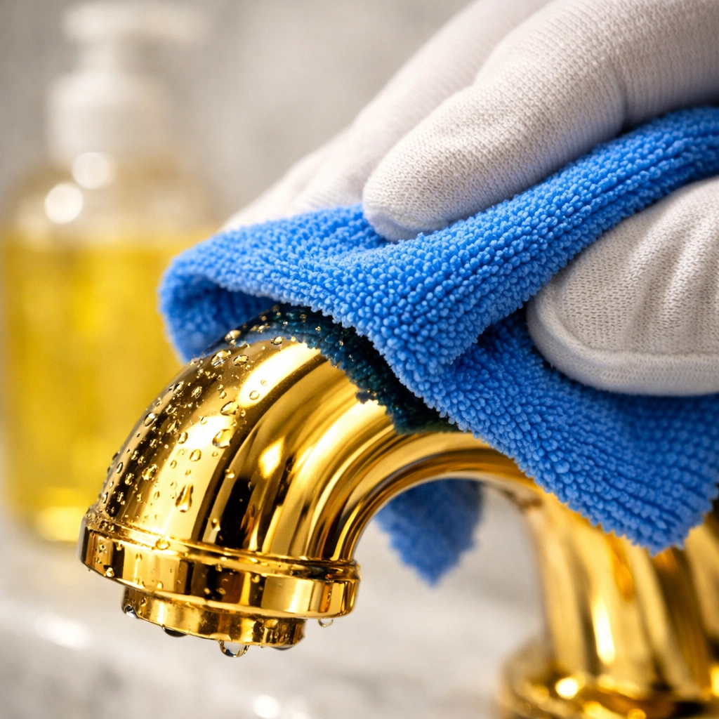 Expert residential cleaning Massachusetts detail work on a gold faucet in a luxury marble bathroom.