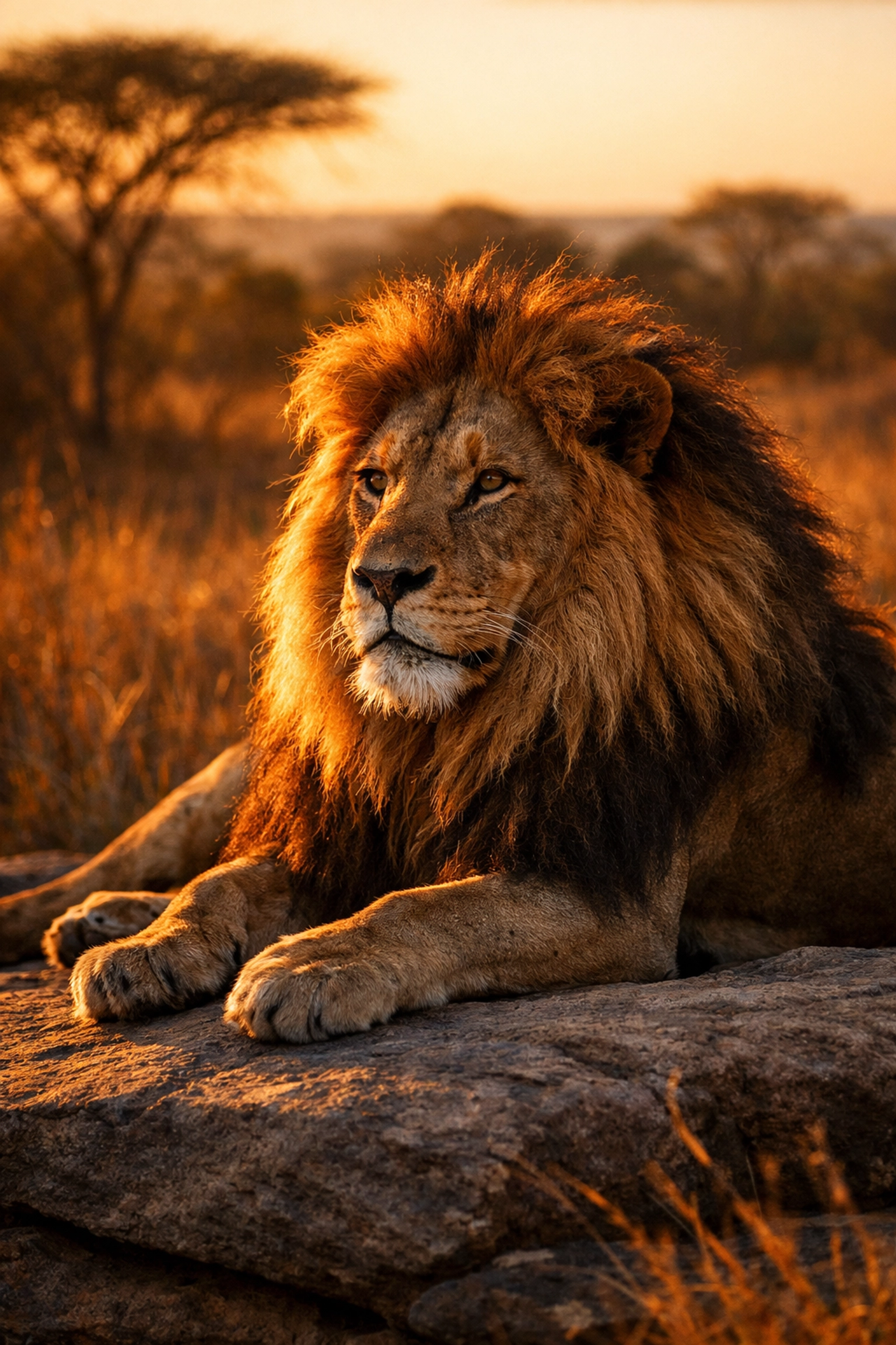 Male lion resting on a rock with warm golden hour lighting showcasing professional zoo animal photography.