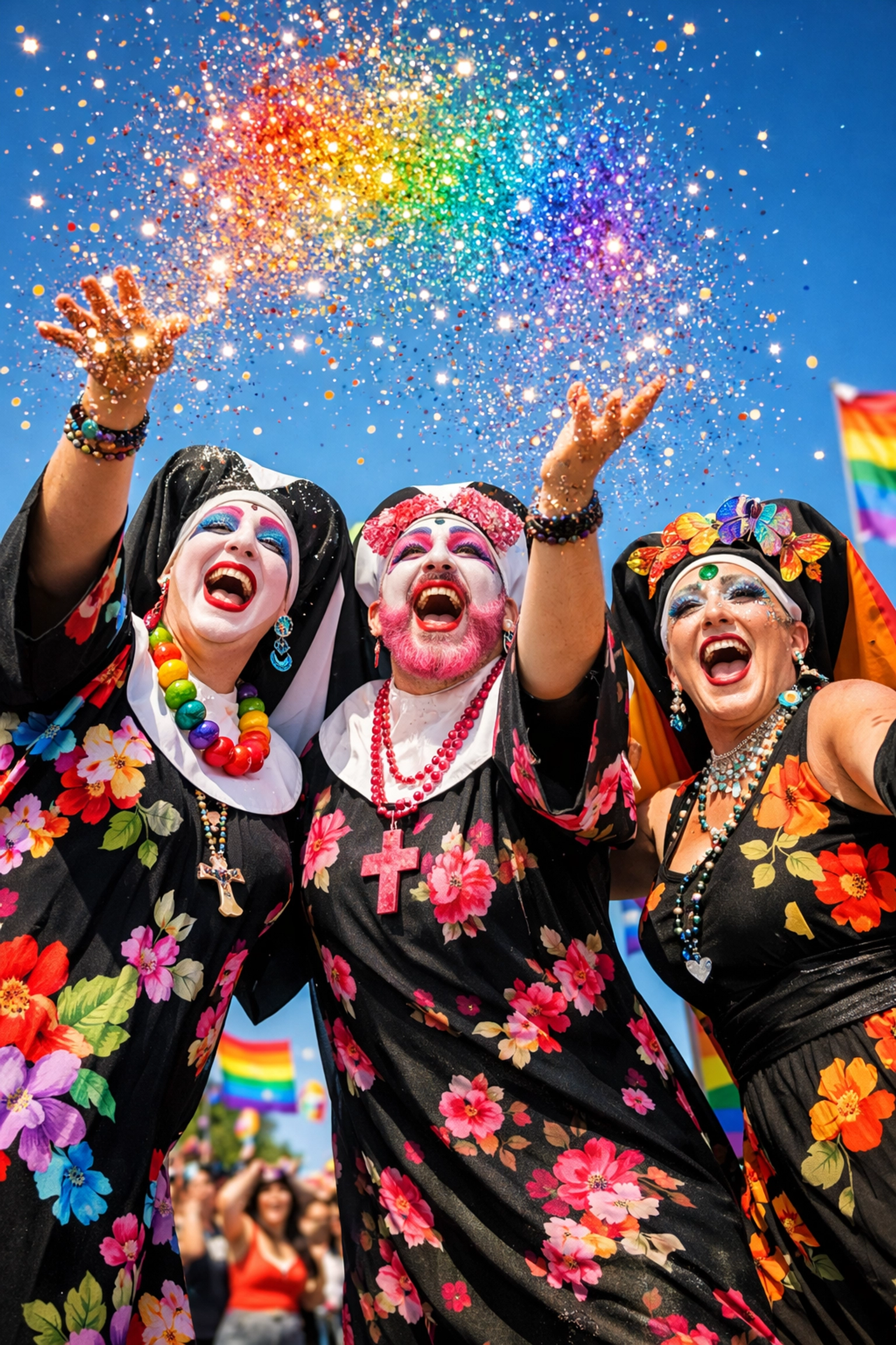 Sisters of Perpetual Indulgence throwing rainbow glitter at a sunny Pride parade to spread universal joy.
