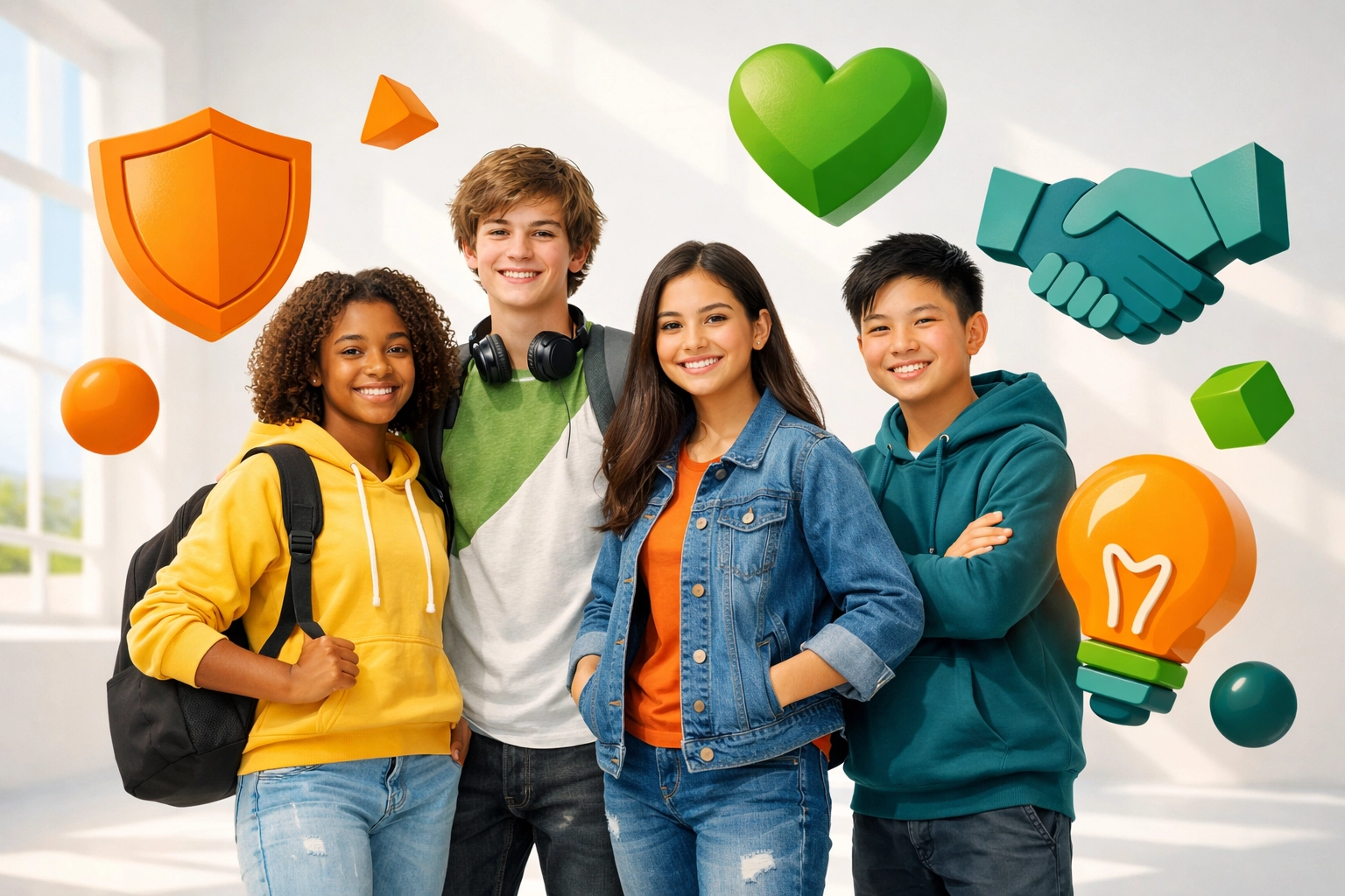 Confident diverse teens surrounded by symbols of Christian life skills and character development
