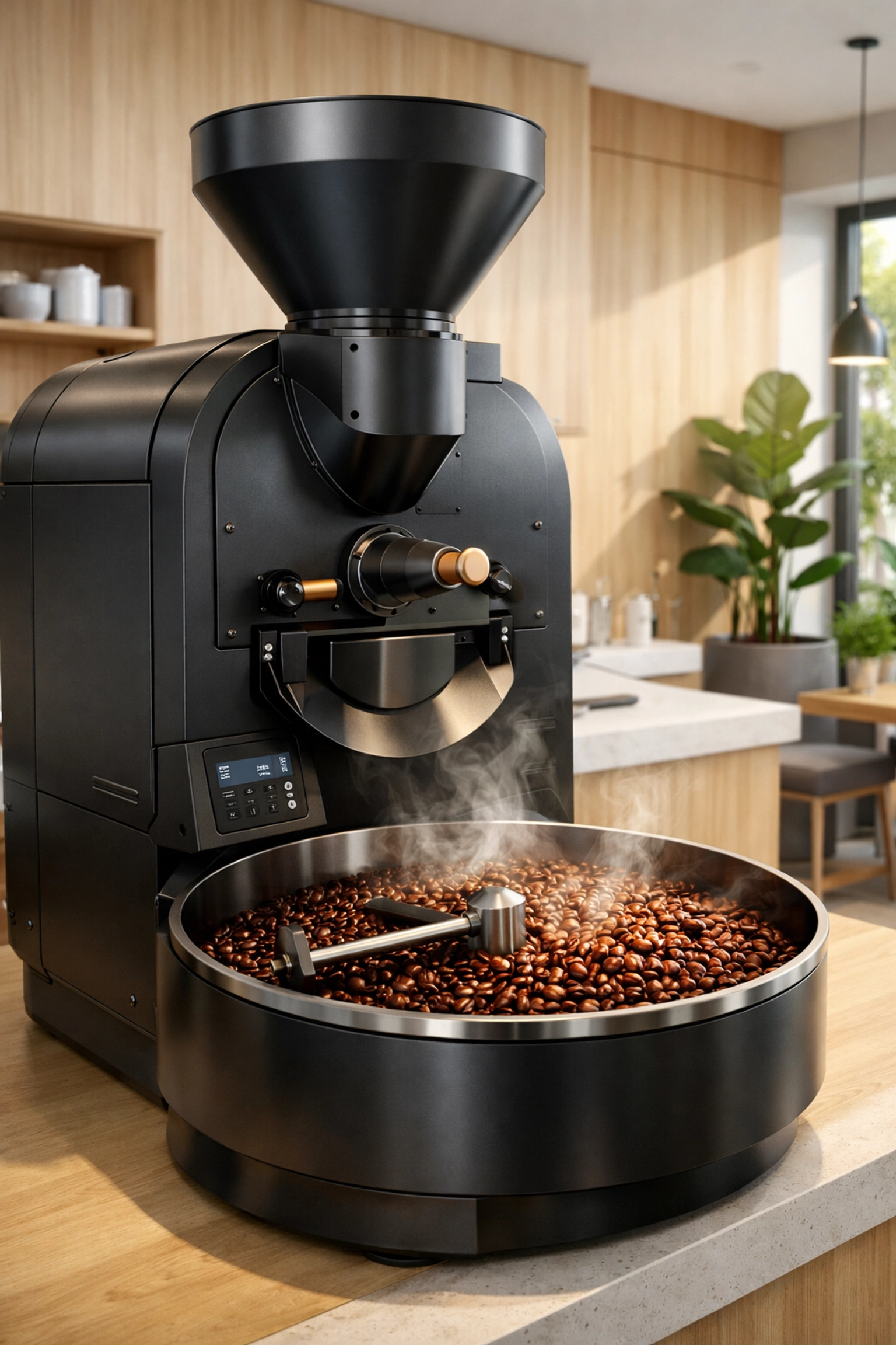 A modern electric coffee roaster in a boutique cafe with freshly roasted beans.