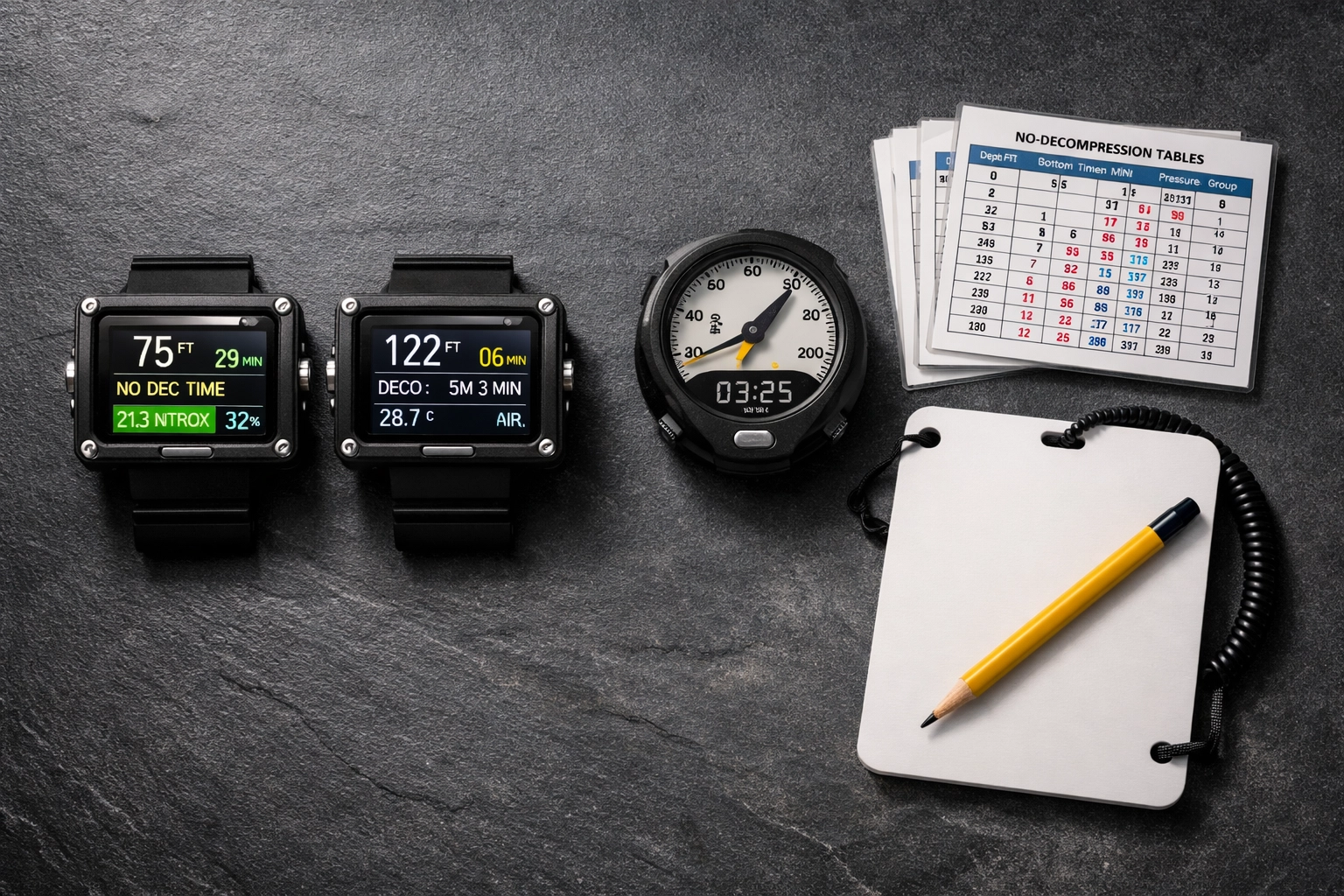 Tauchausrüstung für Dekoplanung: Tauchcomputer, Bottom Timer, Dekotabellen und Schreibtafel