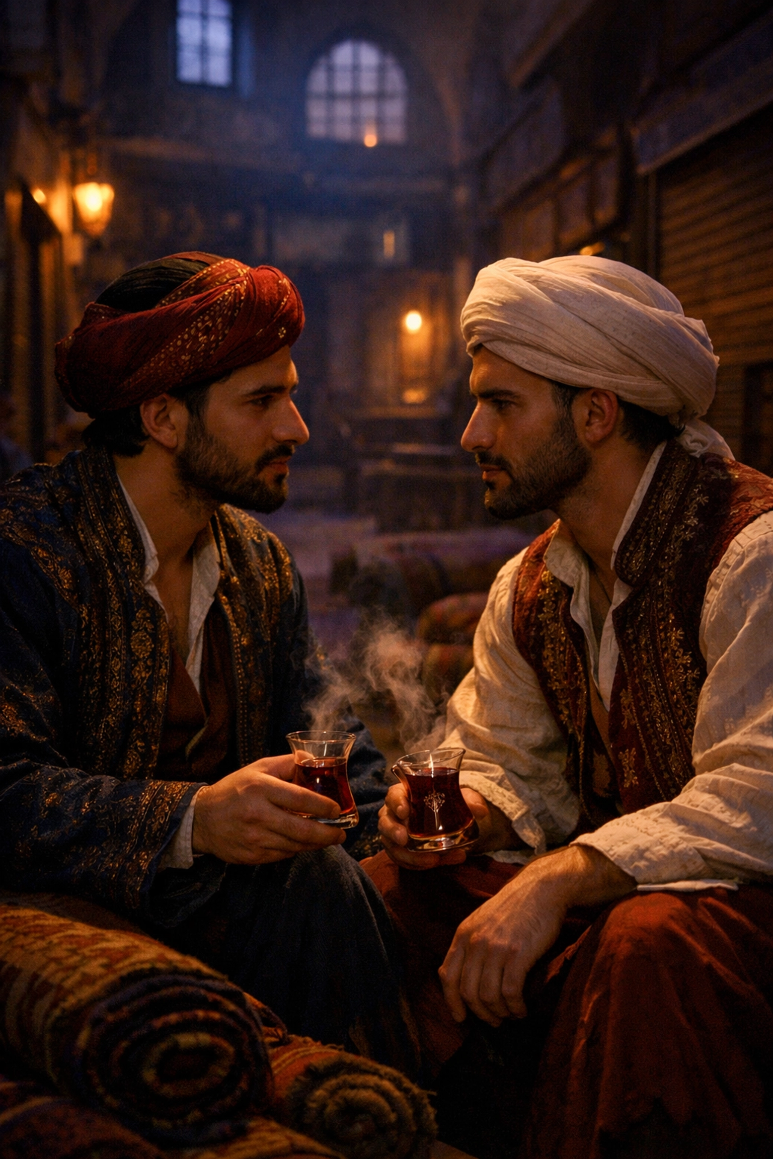 Friends to lovers moment: two men sharing tea in the Grand Bazaar, Ottoman Empire MM romance