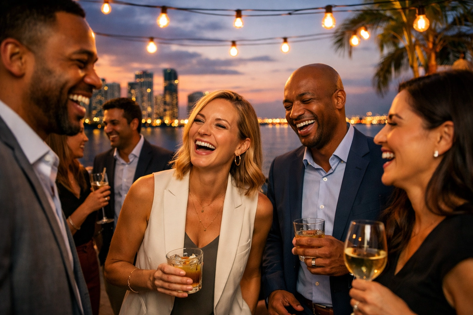 Candid networking moments captured by a Miami event photographer during a sunset rooftop cocktail hour.
