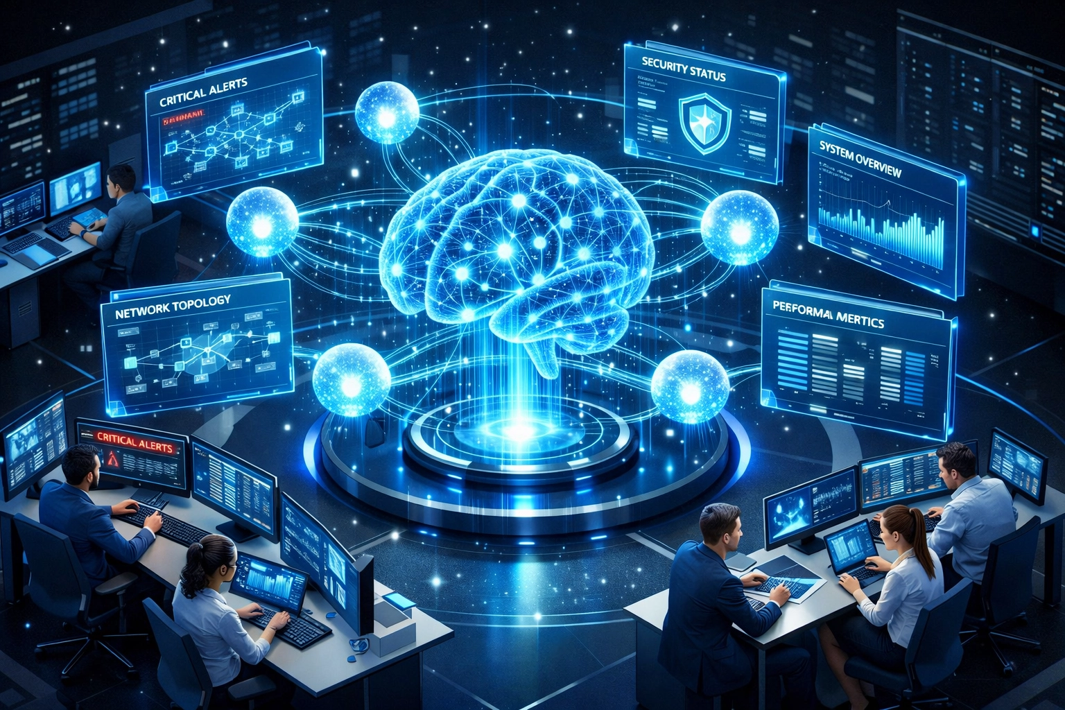 Agentic AI command center showing ServiceNow ITOM autonomous agents processing alerts and metrics