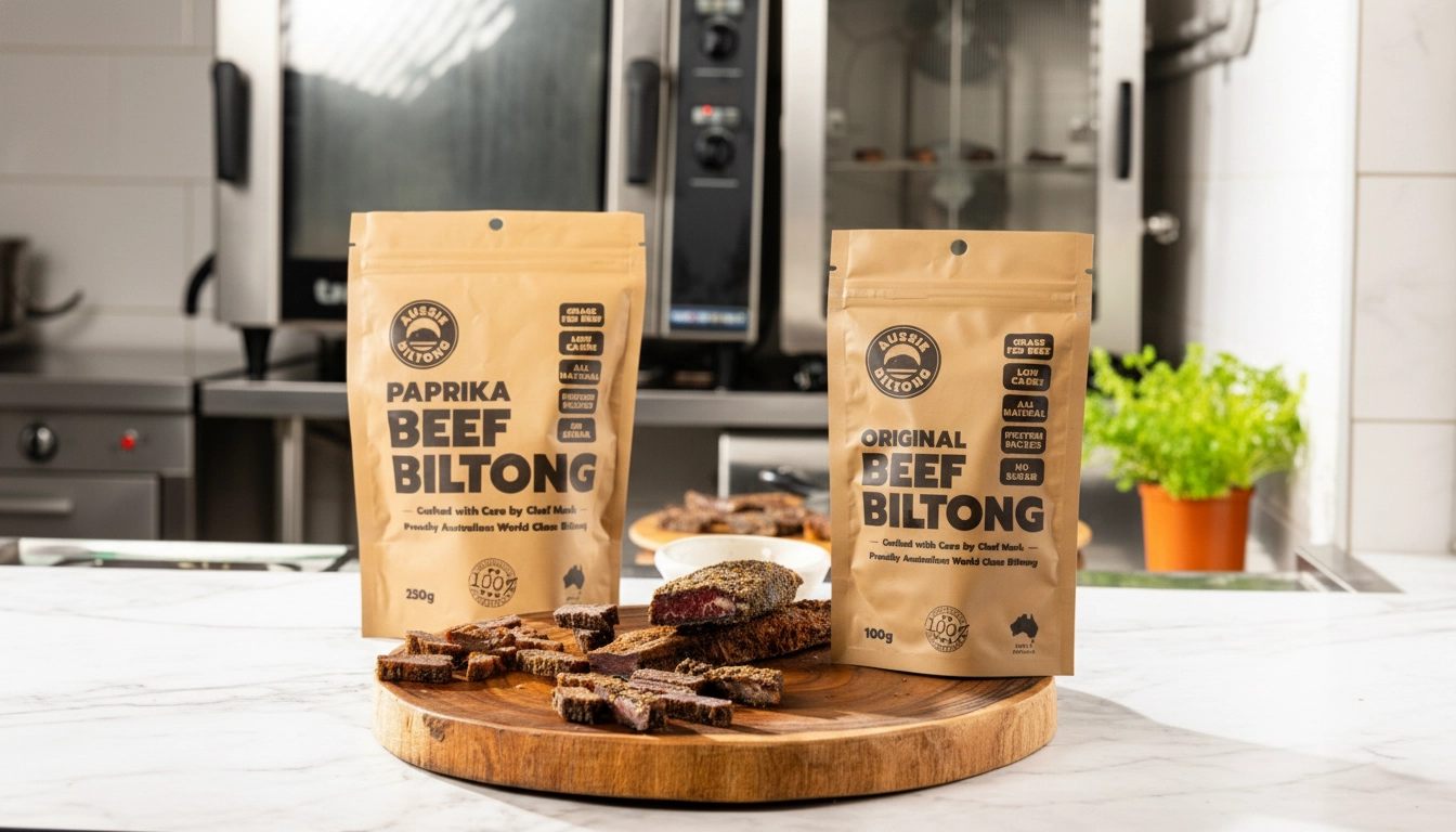 Aussie Biltong Original and Paprika packs beside sliced biltong on round board, grass fed beef, high protein snacks, biltong nutrition