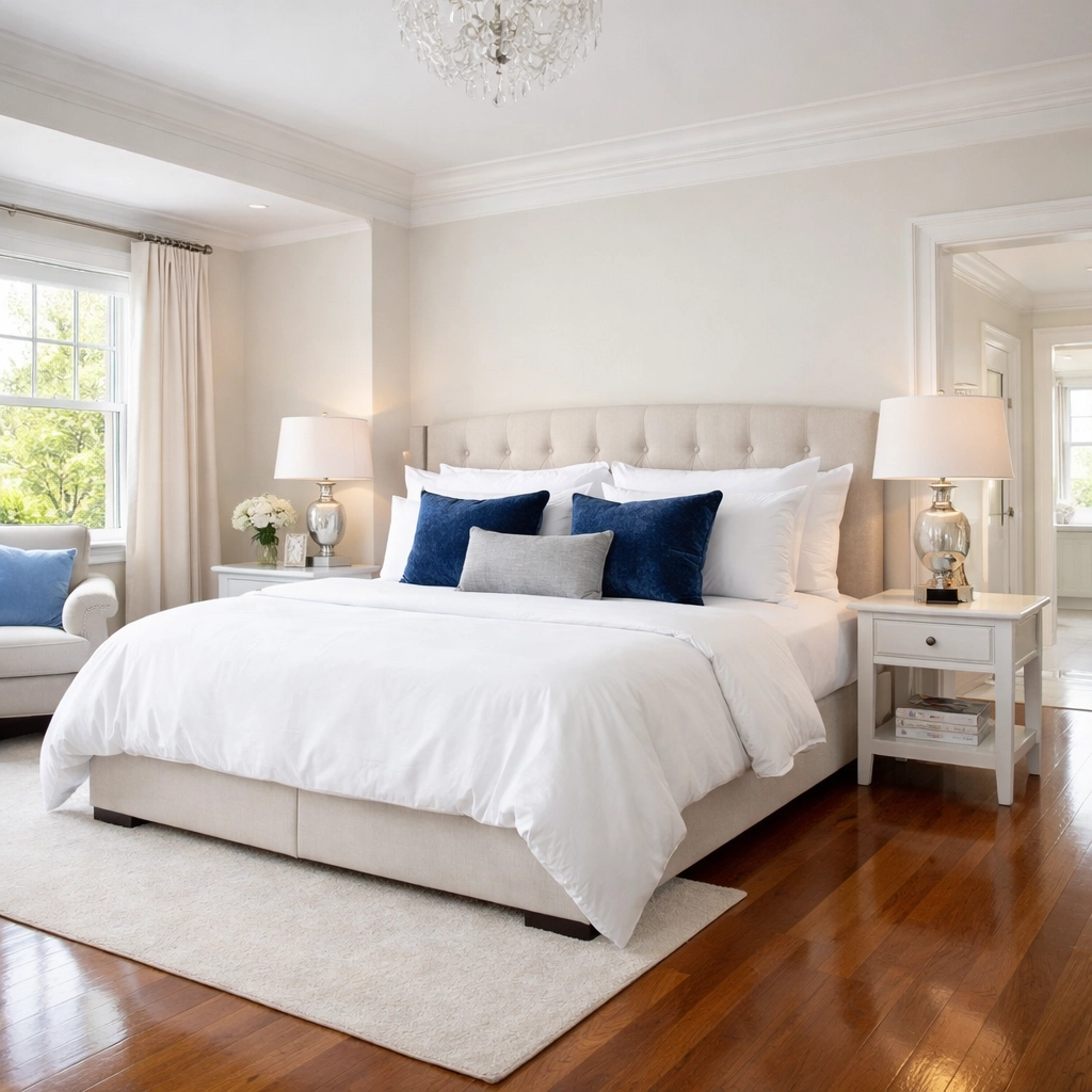 Pristine and dust-free luxury master suite in a Wellesley mansion after professional cleaning.