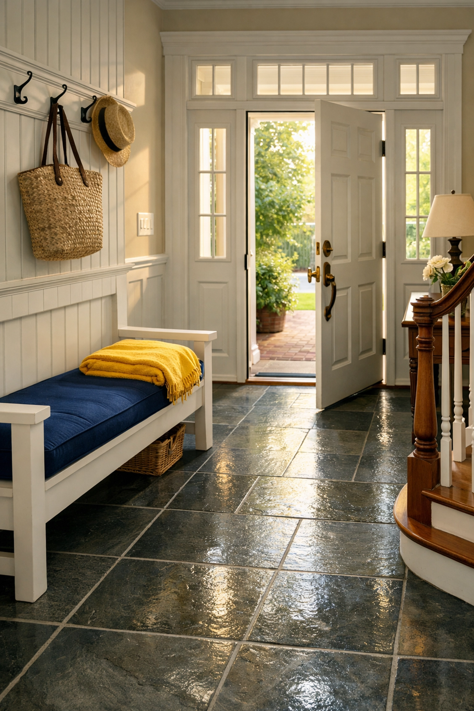 A spotless residential entryway with gleaming slate tile floors in a Pepperell MA residence.