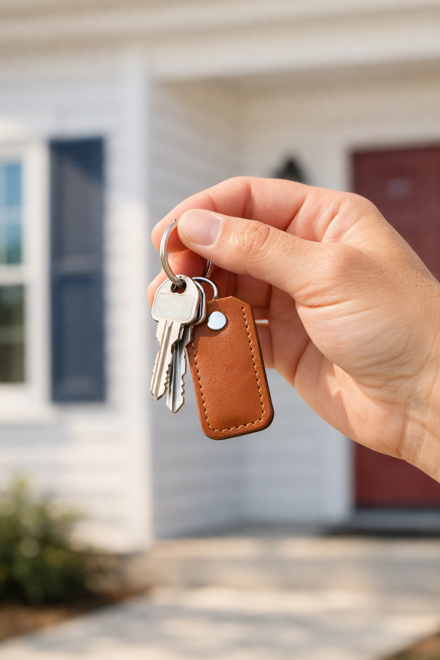 Close-up of house keys in front of a Texas suburban home, representing credit building success.