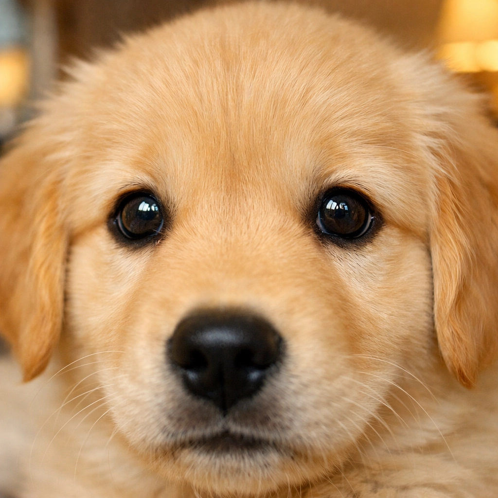 Healthy Golden Retriever puppy with bright clear eyes showing genetic health