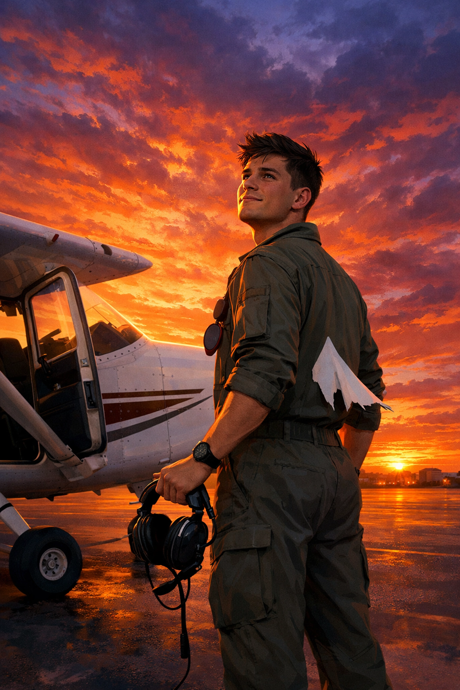 Gay pilot celebrating first solo flight achievement next to training aircraft at sunset