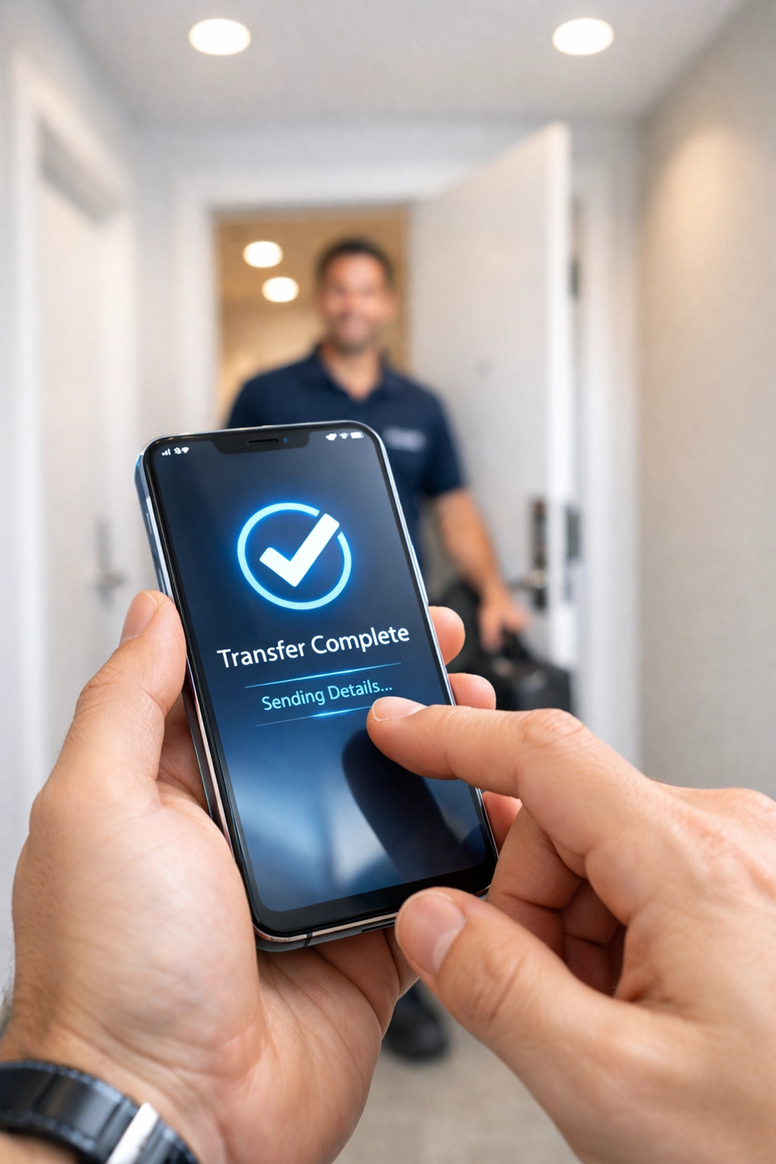 A digital work order hand-off between apartment maintenance and a professional cleaning crew via smartphone.