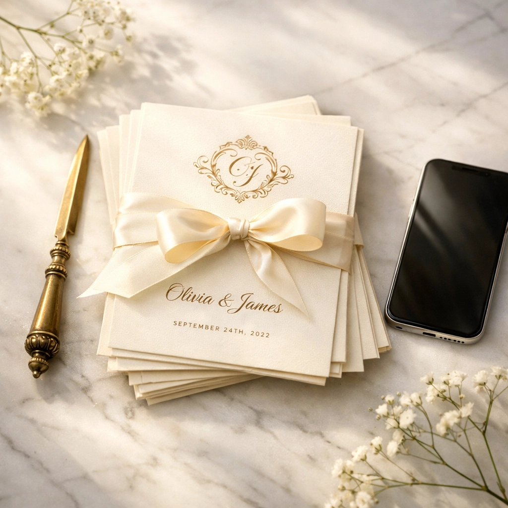 Traditional wedding invitations next to a smartphone for digital wedding RSVP tracking.