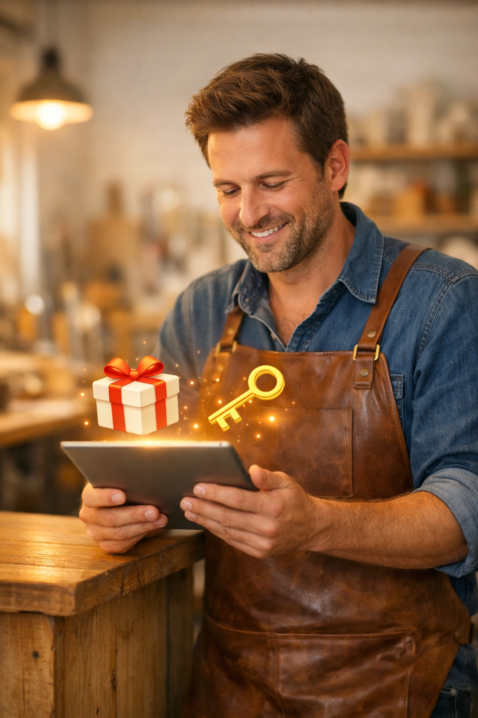 Small business owner holding a digital tablet featuring icons for lead magnets to increase customer conversions.