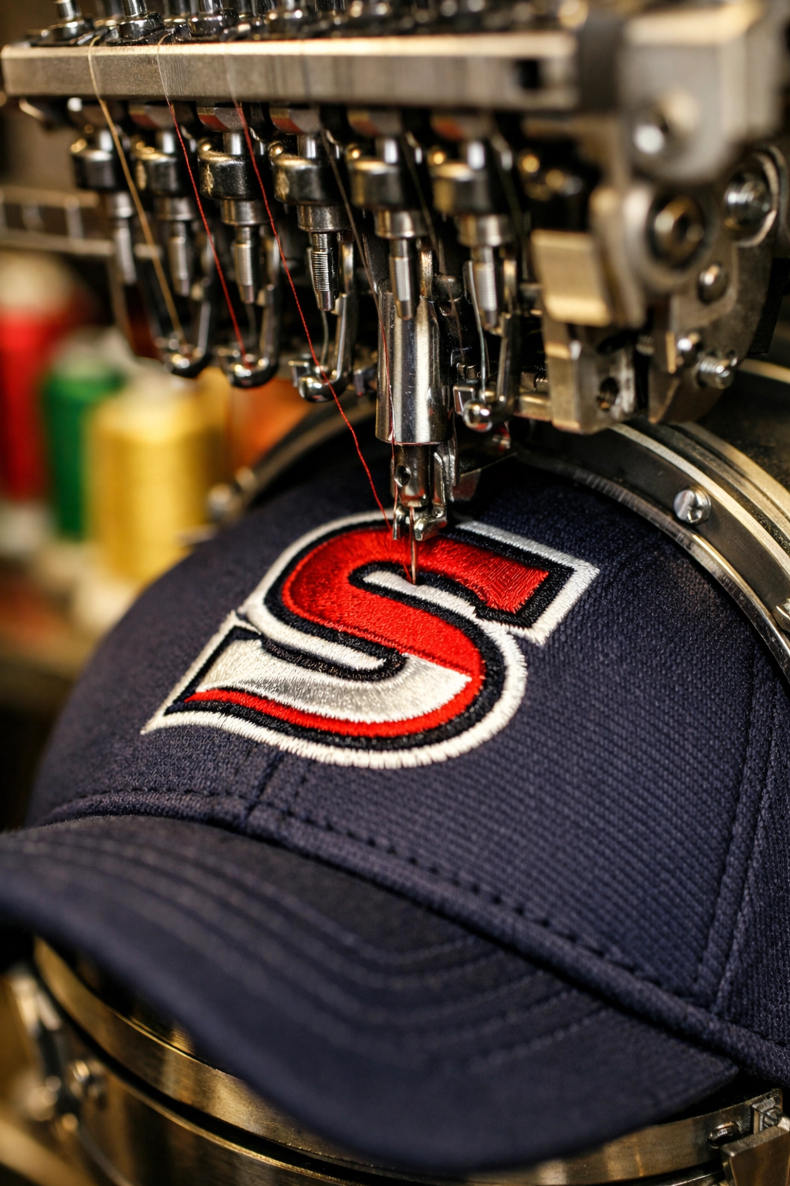 Embroidery machine stitching custom logo onto baseball cap