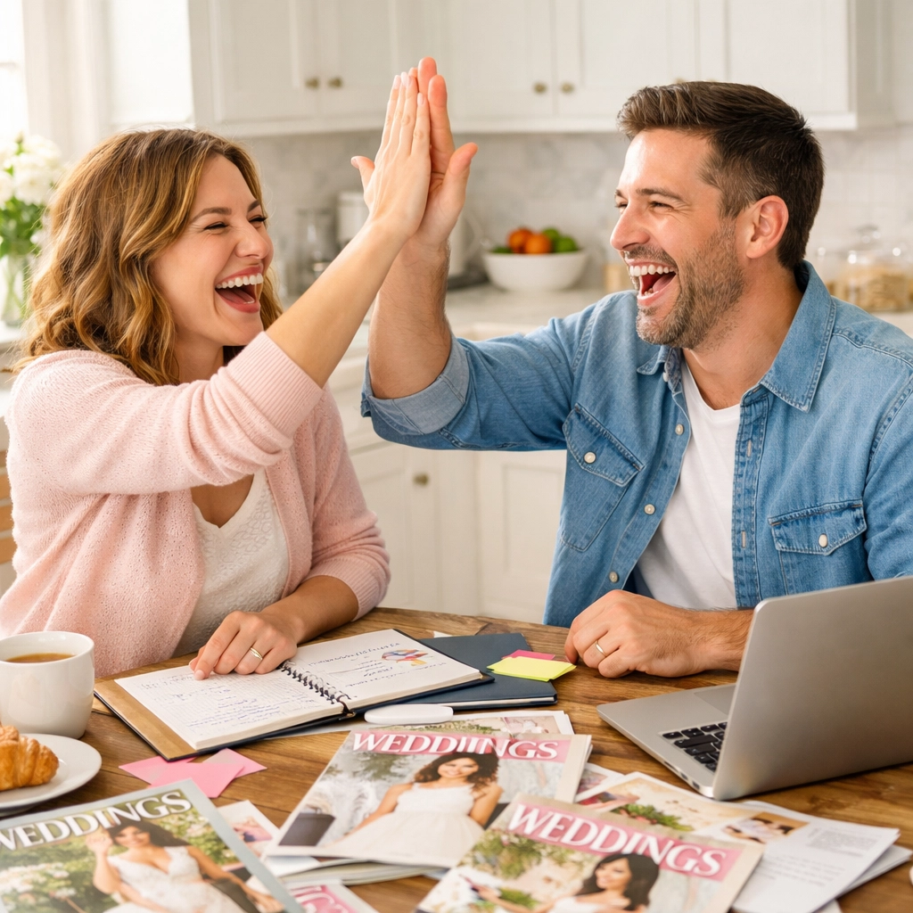 Engaged couple celebrating wedding planning success and debt-free budgeting at breakfast