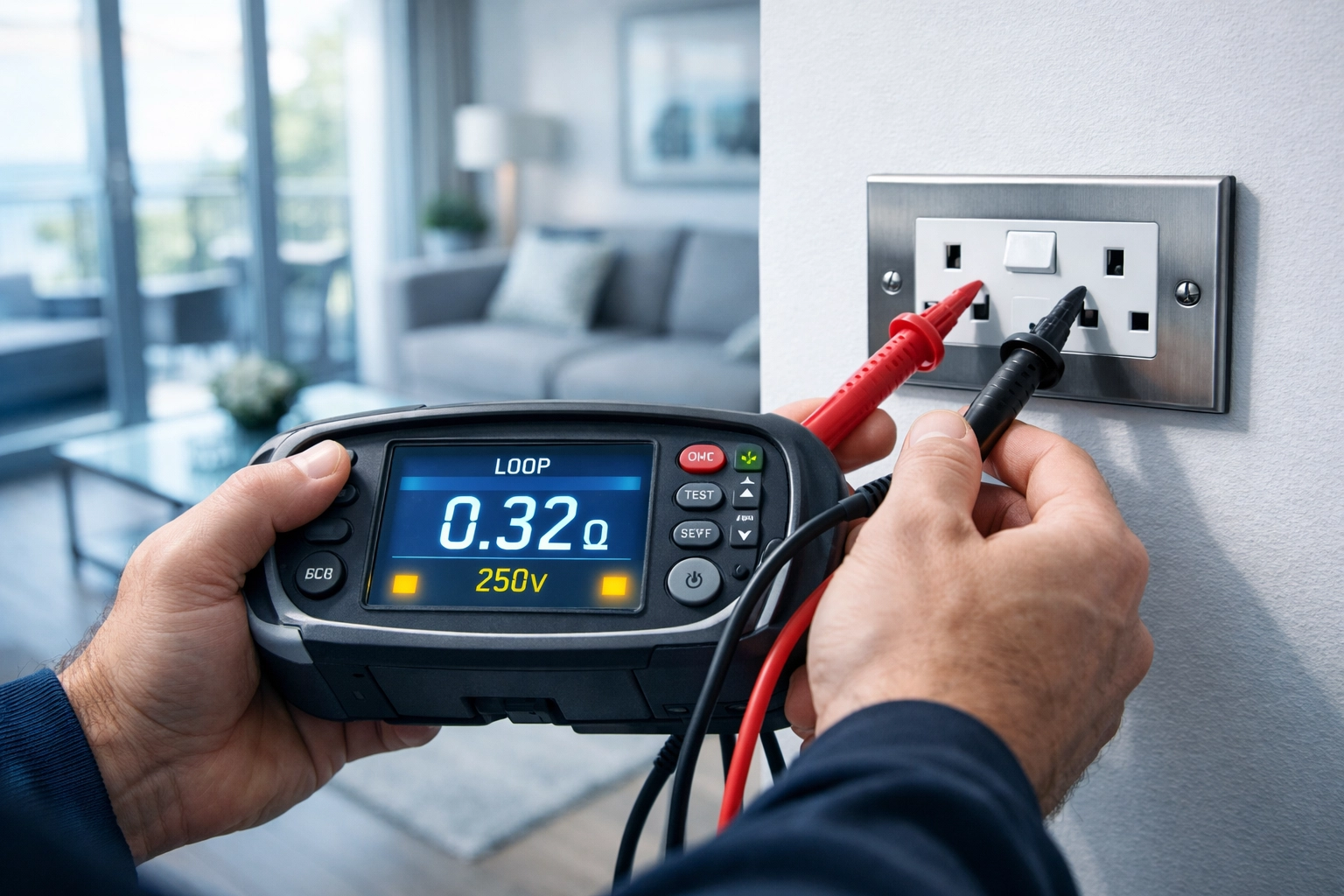 Dorset electrician performing an EICR safety test on a residential socket in Bournemouth.