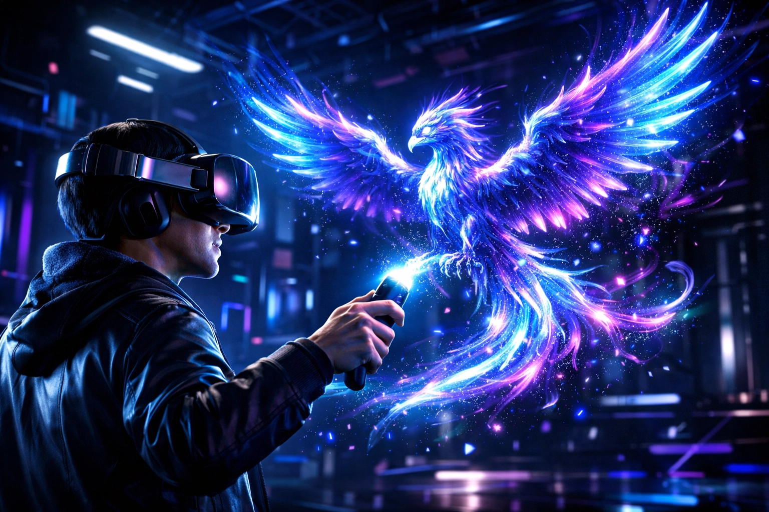 A person using a VR headset to paint a glowing neon creature in a virtual reality team building creative session.