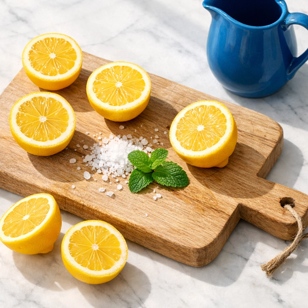 Natural cleaning with fresh lemon halves and sea salt on a wooden cutting board in a bright kitchen