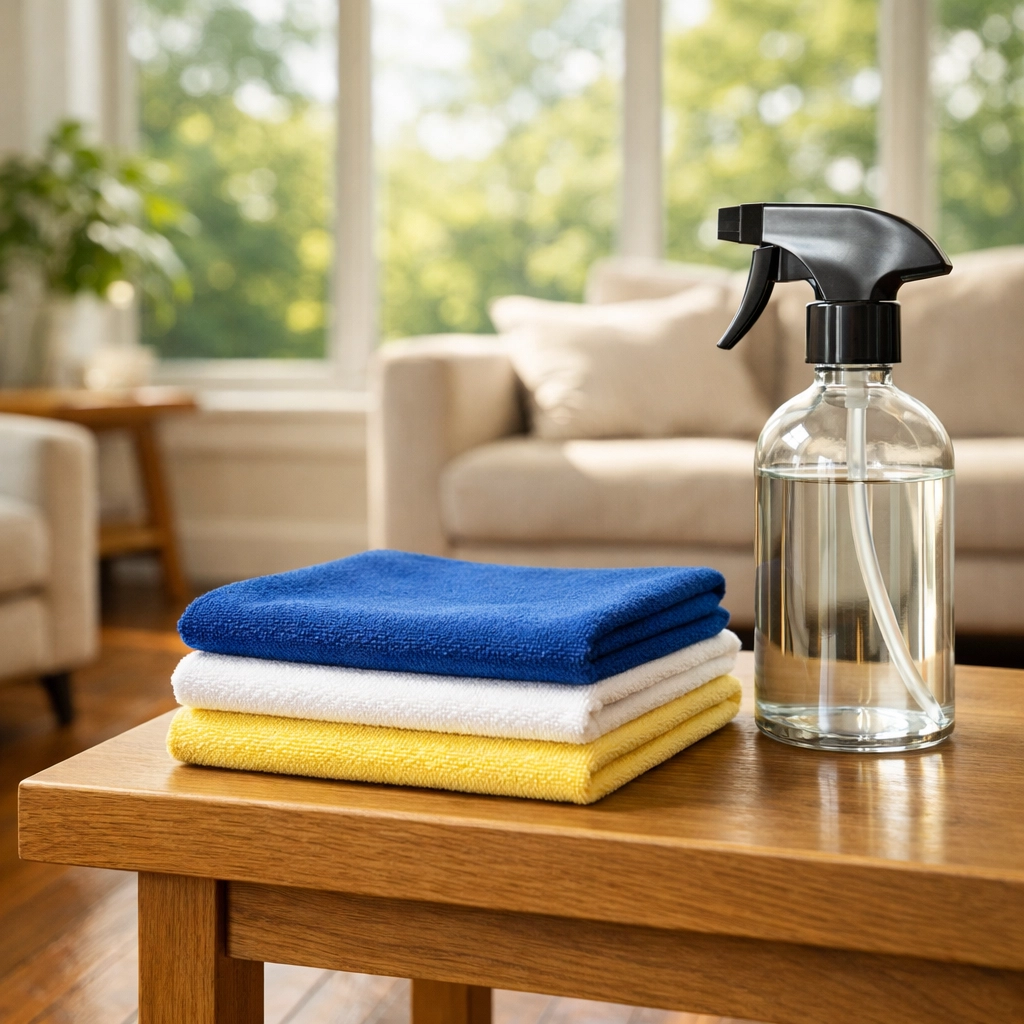 Eco-friendly house cleaning tools in a historic West Cambridge living room with polished hardwood floors.