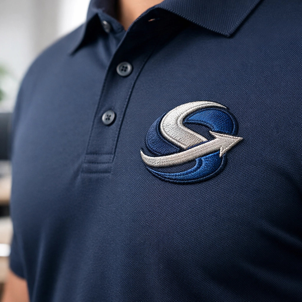 Close-up of a professional navy blue polo with custom high-density embroidery.