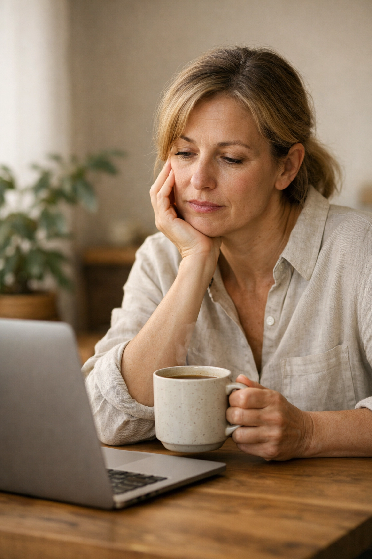 Tired professional woman at her laptop, illustrating why am I so tired in perimenopause and seeking menopause support UK.