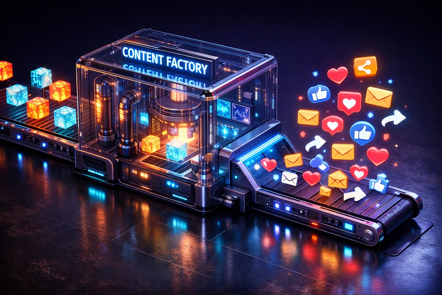 Automated marketing engine transforming data into social media posts for small business efficiency.