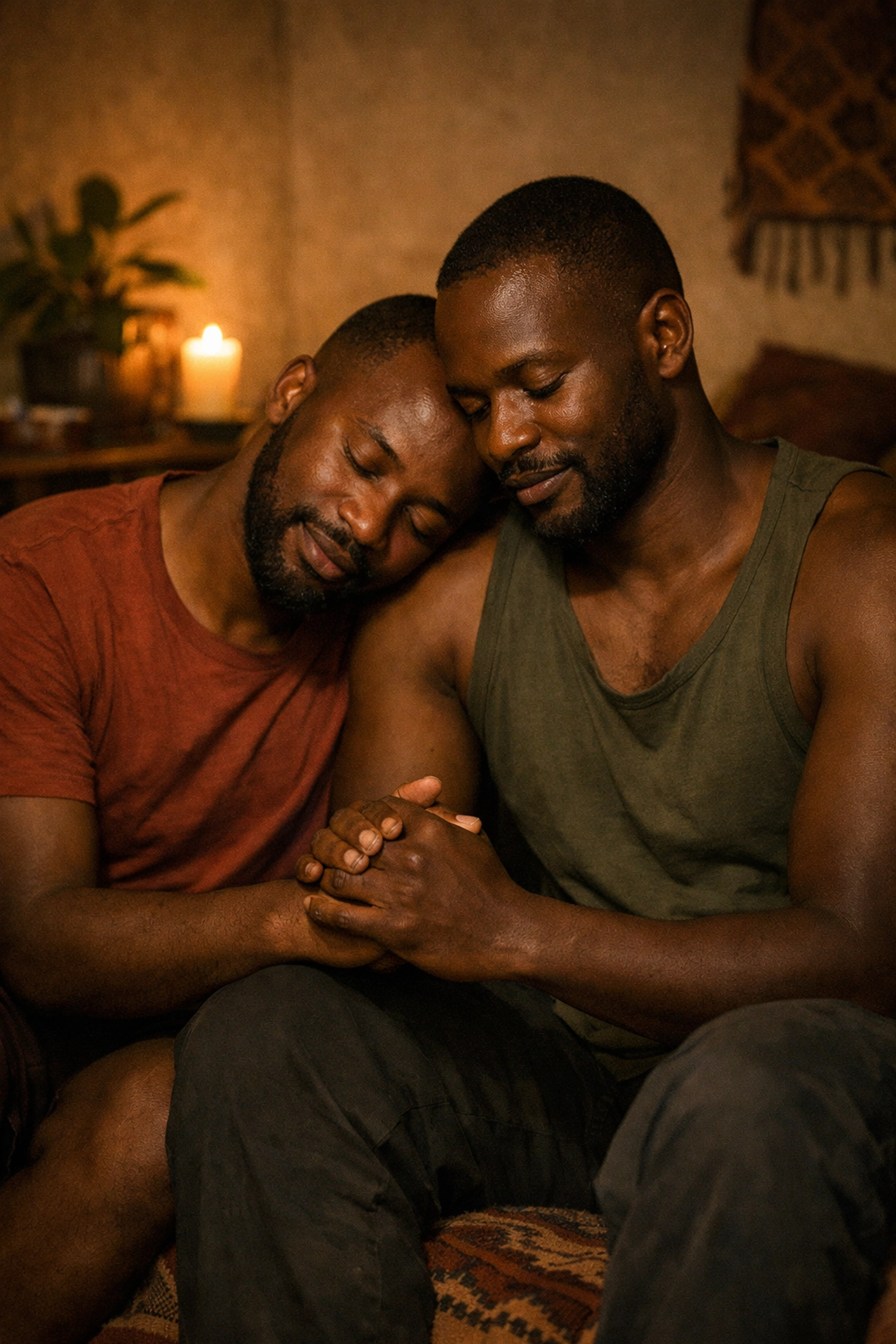 Two African men in a supportive embrace, illustrating the found family trope within the LGBTQ+ community.