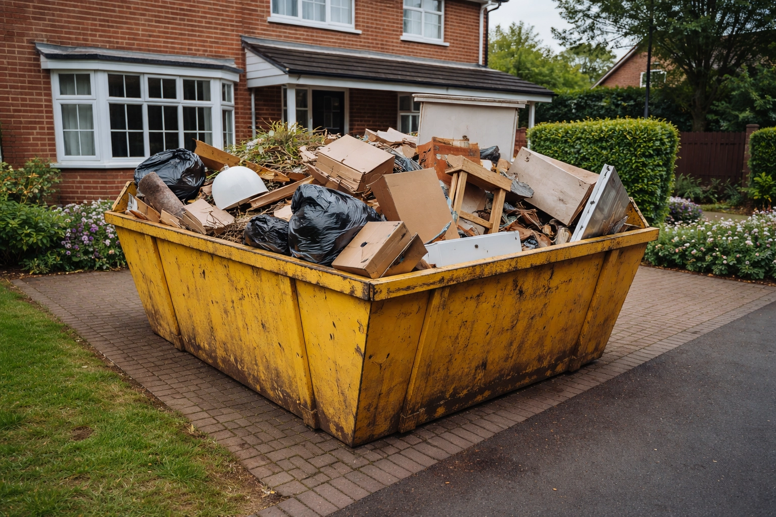 Yellow skip container on a residential driveway, filled with household waste, perfect for home clearouts