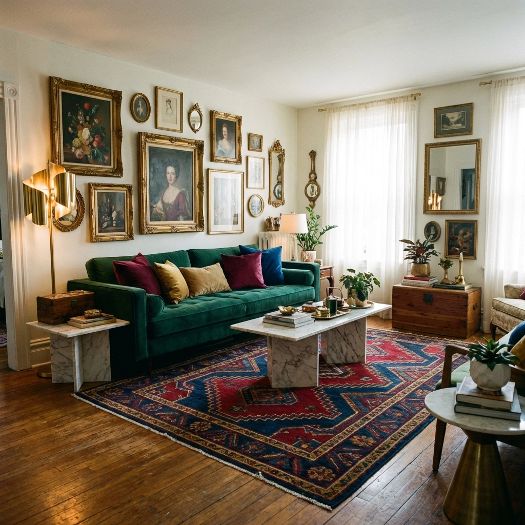 Maximalist designer furniture living room with emerald velvet sofa, vintage artwork, and bold modern decor — featuring a luxury statement piece rug