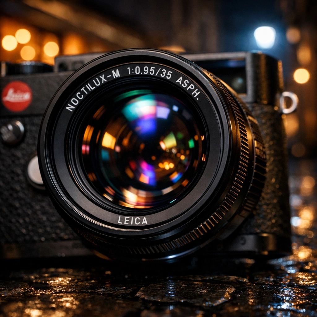 Close-up of a Leica 35mm Noctilux lens for urban photography and videography news.