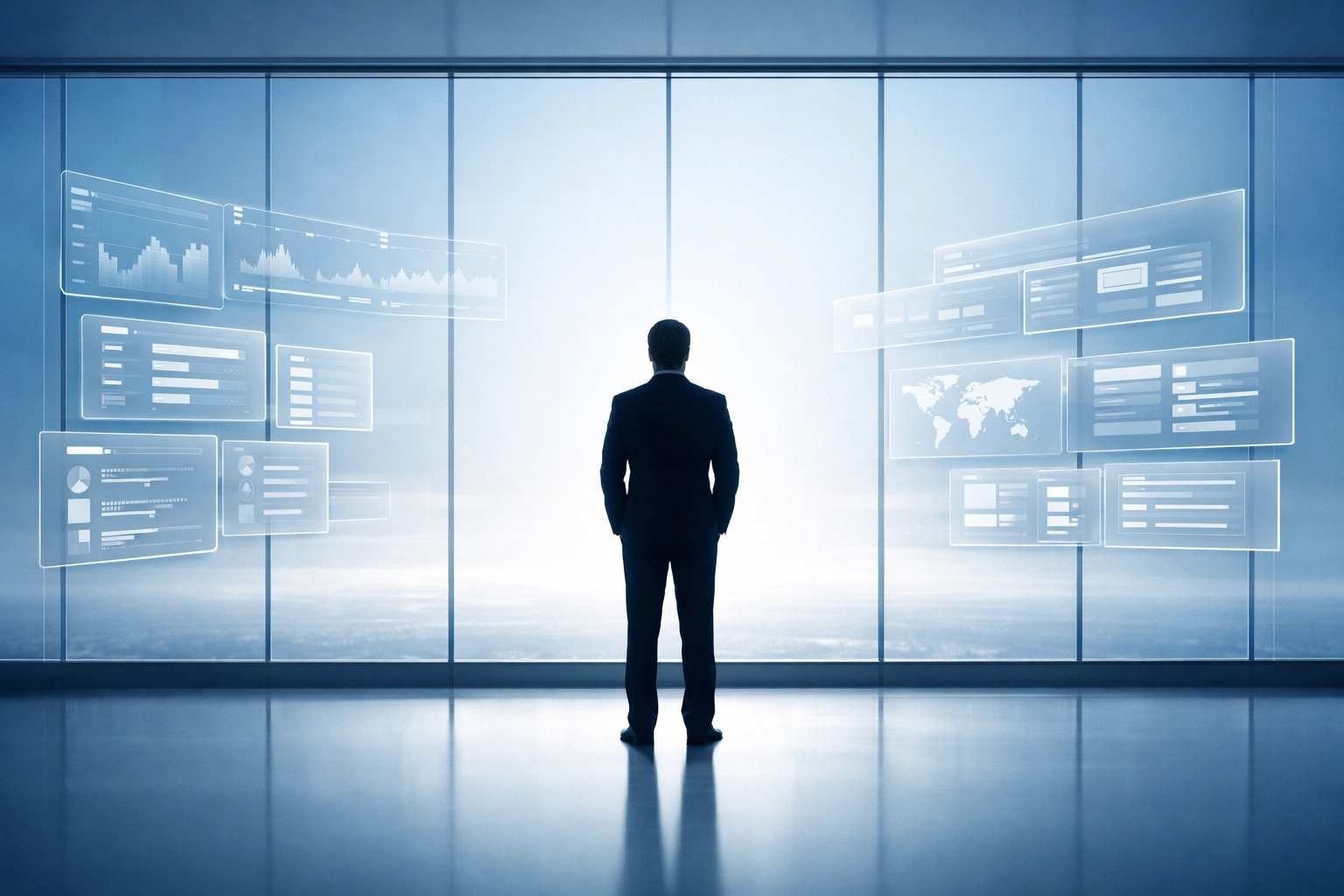 Executive looking at a digital horizon representing strategic freedom gained from automated service delivery.