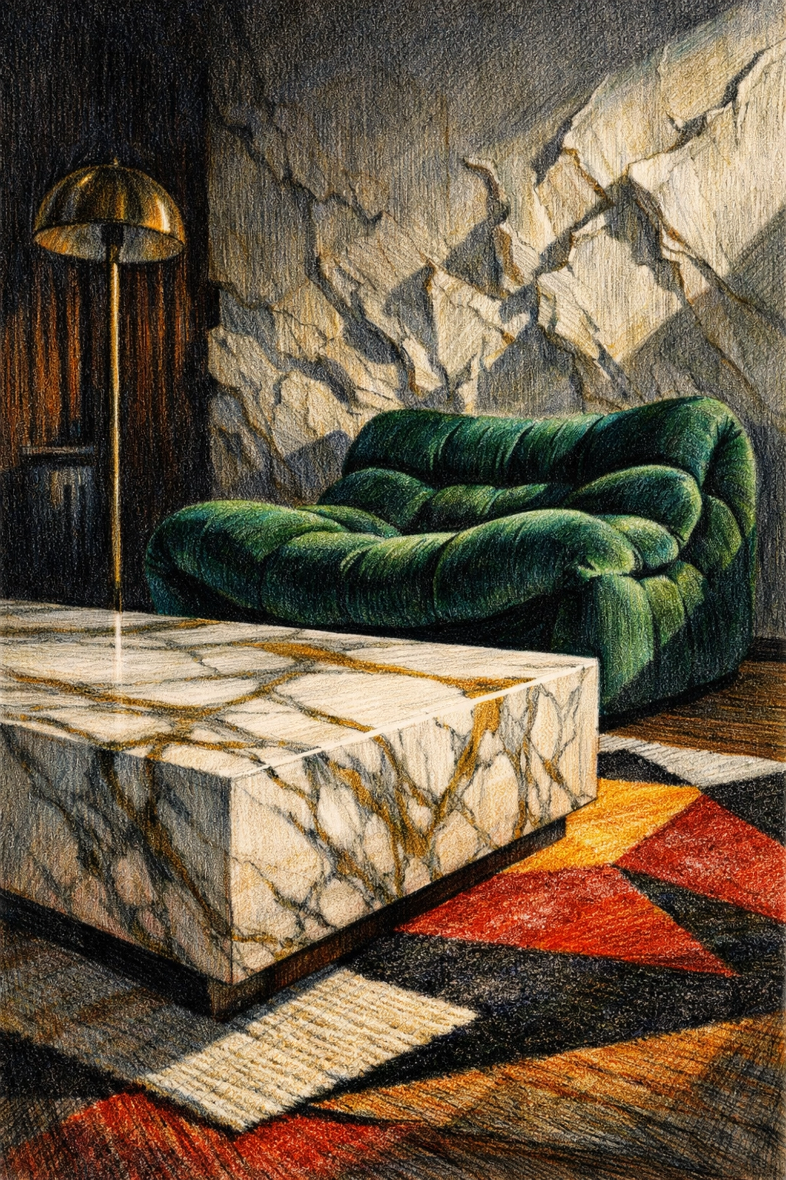 Maximalist boutique hotel interior design with a marble table and emerald velvet chair.