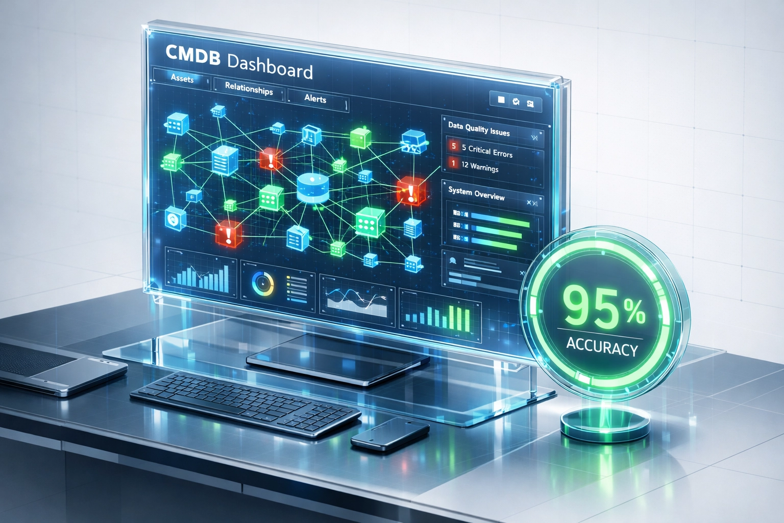 ServiceNow CMDB dashboard showing 95% data quality accuracy with interconnected configuration items