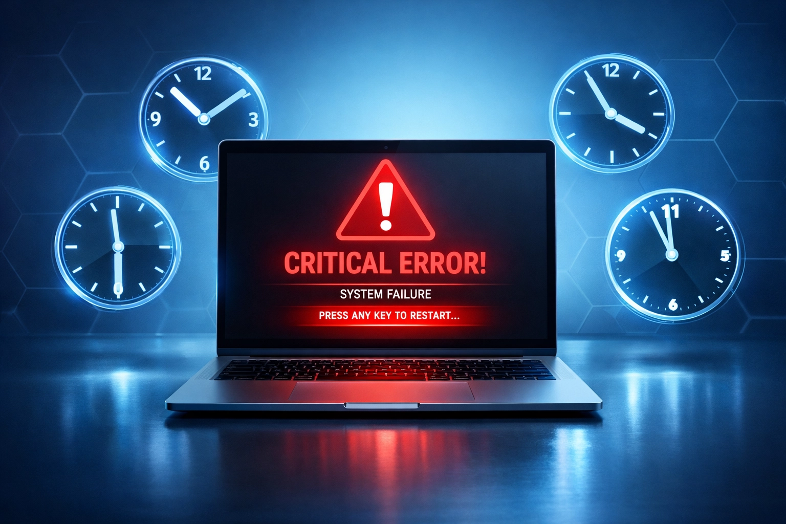 Law firm system downtime with clocks showing urgent response time needed for IT support