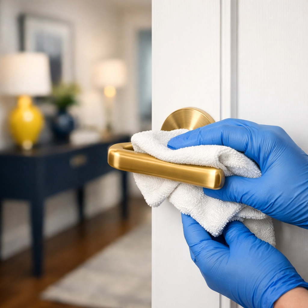 Detailed cleaning of a brass door handle by a professional using a microfiber cloth.