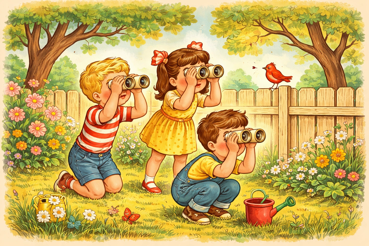 Children playing in a sunny garden, wearing homemade toilet paper roll binoculars and spotting a bird on a fence