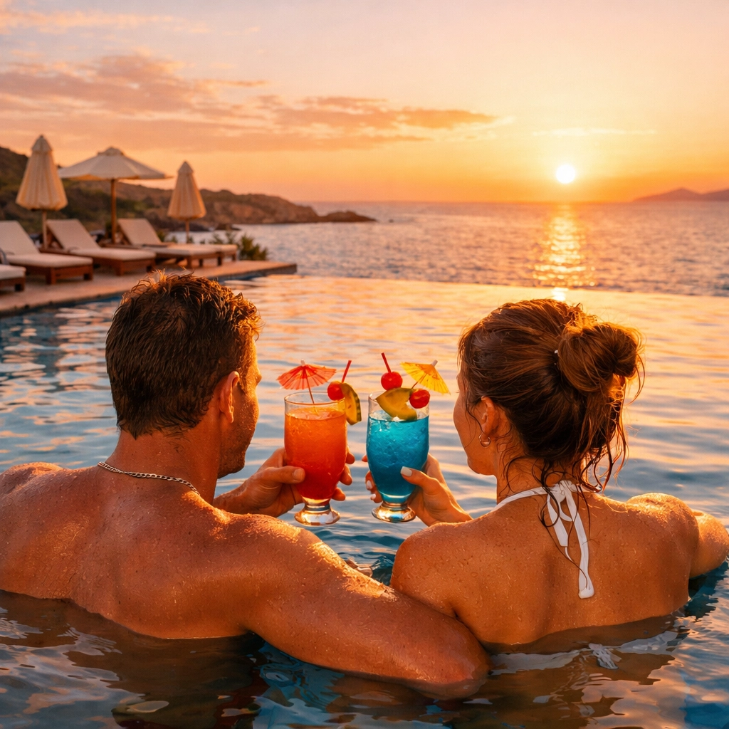 Couple enjoying all-inclusive drinks at Mediterranean infinity pool during peaceful September holiday