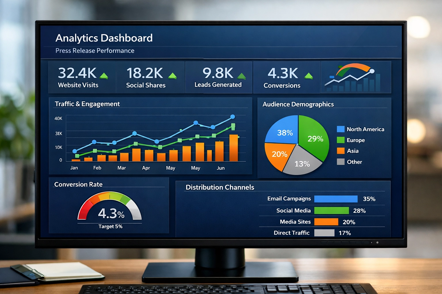 Analytics dashboard tracking press release automation performance metrics and engagement data