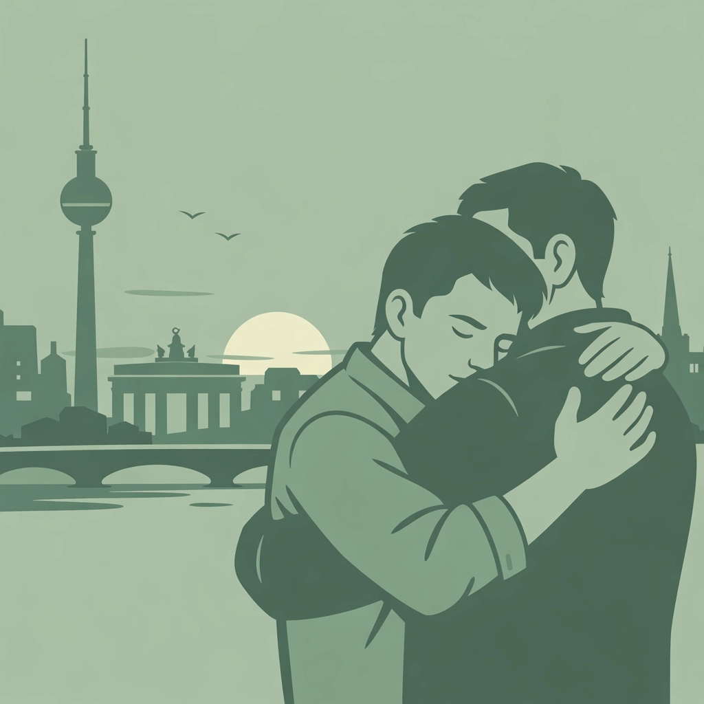 Two men embrace overlooking Berlin skyline reflecting on queer community legacy